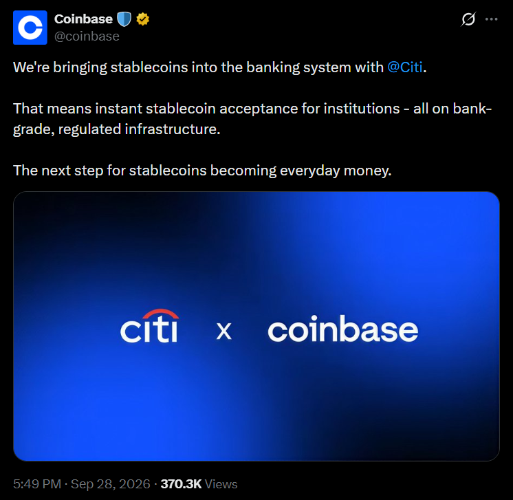 Screenshot of Coinbase oficial X post